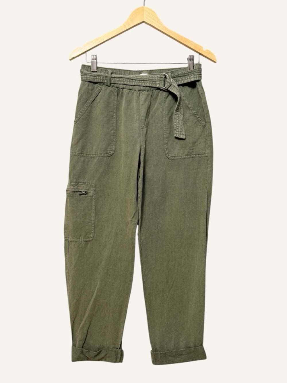 Nicole Miller Linen Blend Cargo Jogger Pants Size Small Green Elastic Waist